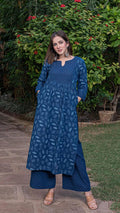 Indigo Blue Block Print Cotton Kurti with Flared Palazzo Set