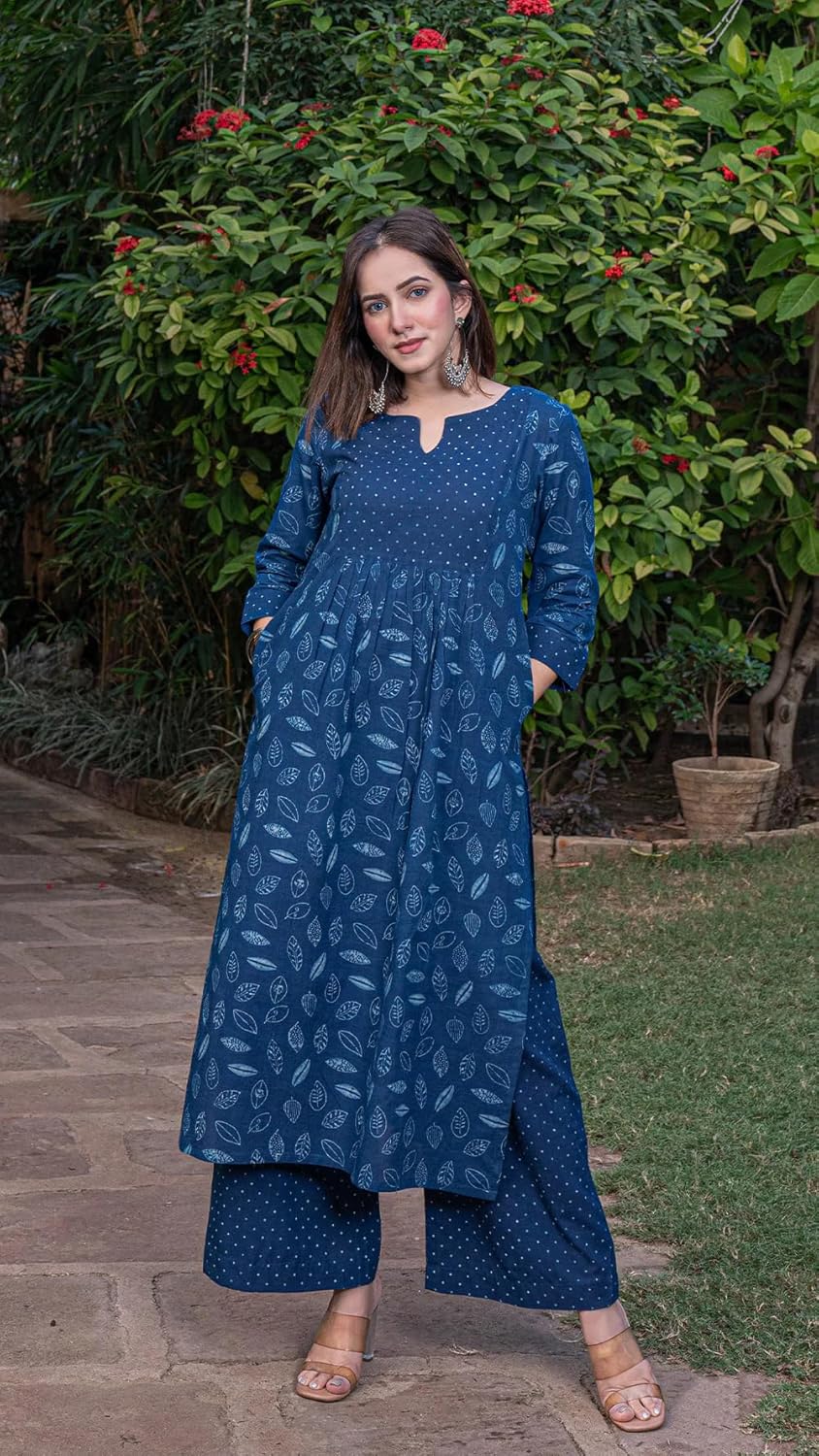 Indigo Blue Block Print Cotton Kurti with Flared Palazzo Set