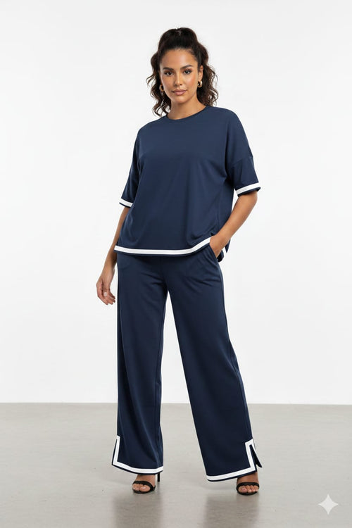 Premium Navy Blue Athleisure Lounge Set with Contrast Piping