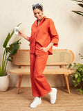 Vibrant Terracotta Orange Linen Co-Ord Set (Button-Down Shirt & Trousers)