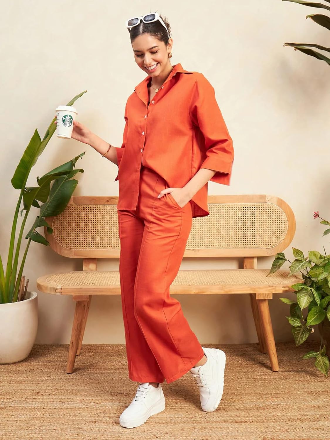 Vibrant Terracotta Orange Linen Co-Ord Set (Button-Down Shirt & Trousers)