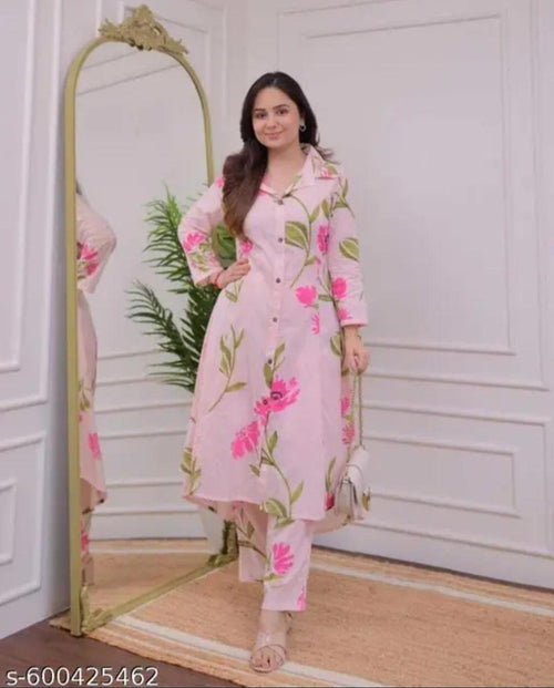 Women's Pink Floral Printed Kurti Pant Set
