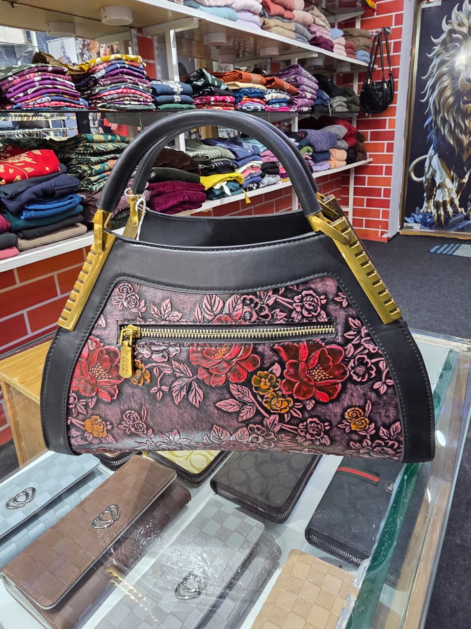Luxury Embossed Floral Leather Handbag with Gold-Tone Accents