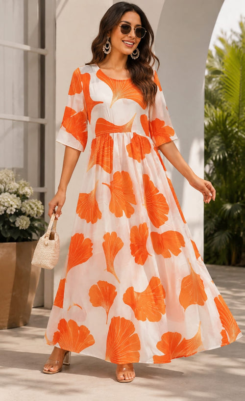 Women's Orange Floral Printed Maxi Dress