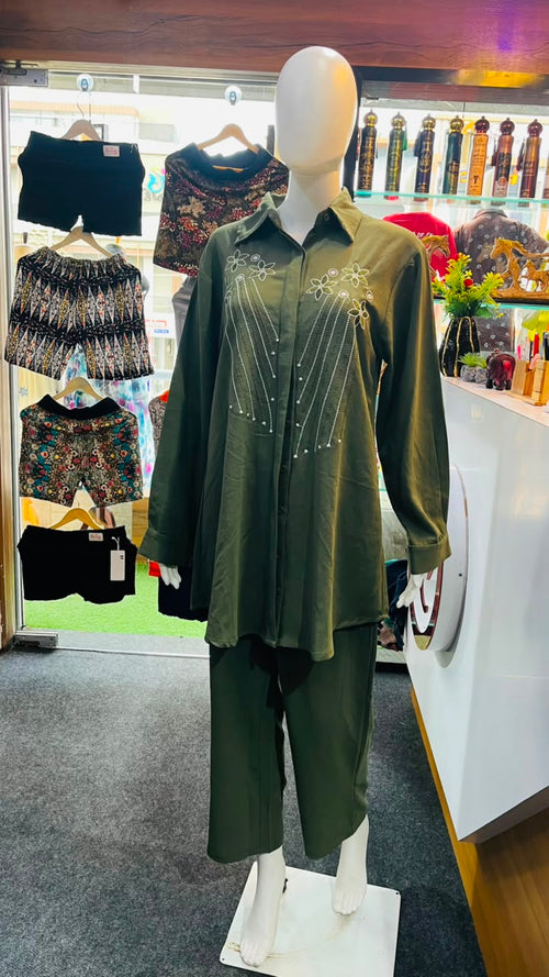 Womens Olive Green Long Tunic Co-Ord Set