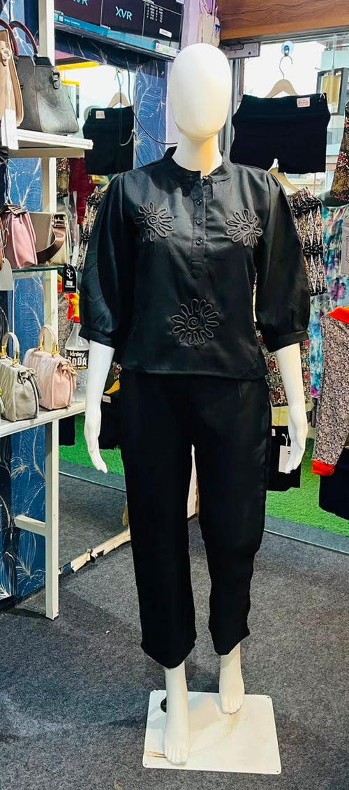 Womens Premium Black Floral Embroidred Co-Ord Set