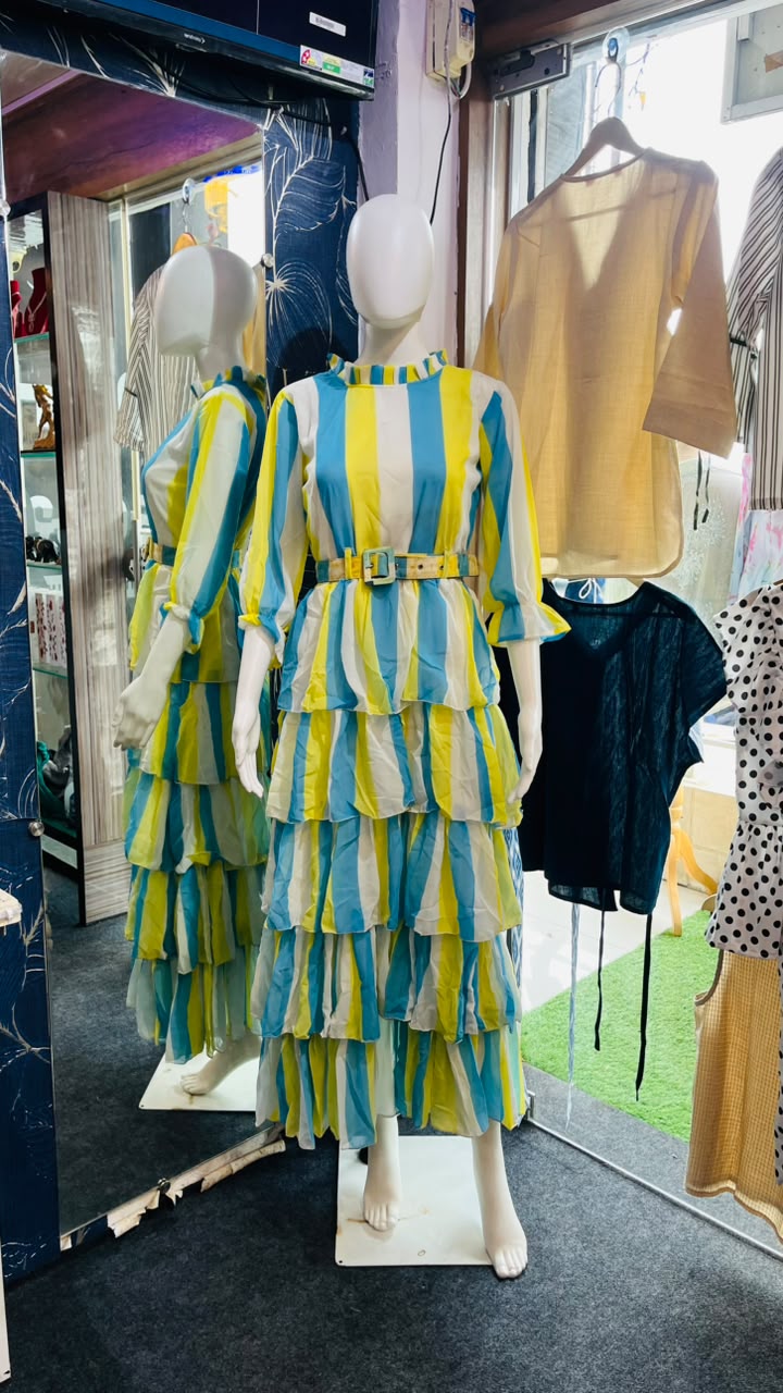 Womens Stripe Tiered ruffle Midi Dress