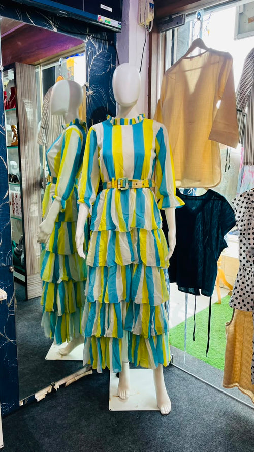 Womens Stripe Tiered ruffle Midi Dress