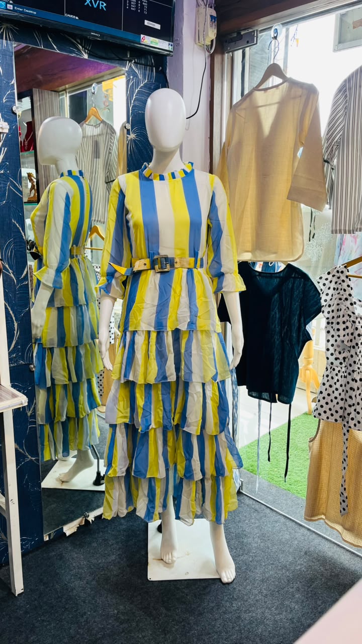 Womens Stripe Tiered ruffle Midi Dress