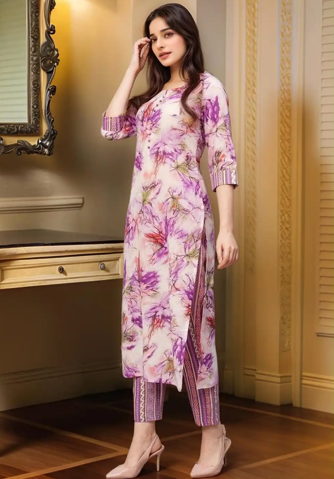 Off-White & Lavender Floral Print Kurti Trouser Set