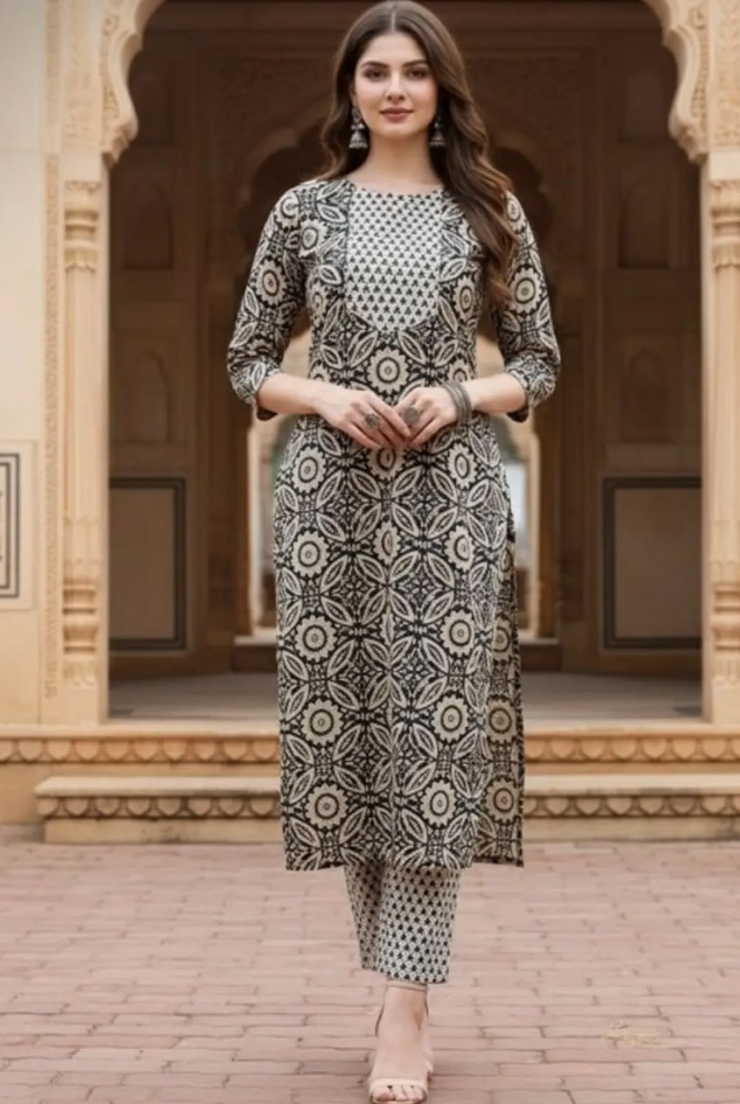 Traditional Black Mandala Printed Kurti Pant Set