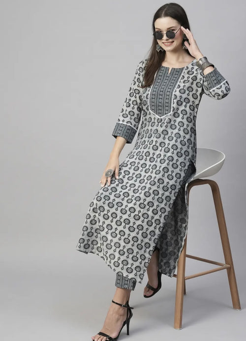 Classy Grey & Black Printed Cotton Kurti Set