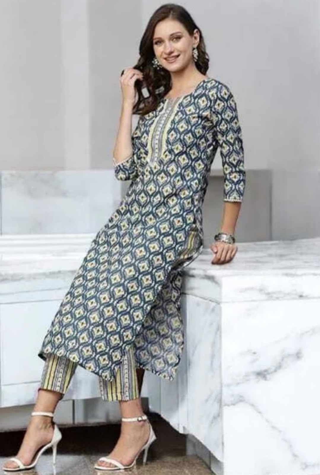 Navy Blue Printed Straight Kurti Set