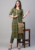 Olive Green Printed Kurti with Striped Pants