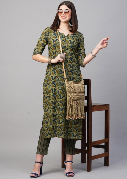 Olive Green Printed Kurti with Striped Pants