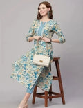 Elegant Blue Printed Cotton Kurti Set with Trousers