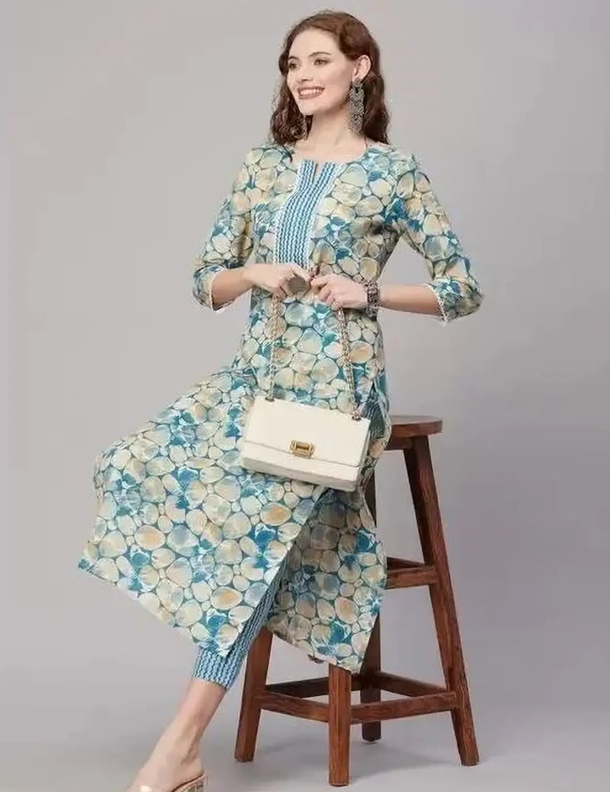 Elegant Blue Printed Cotton Kurti Set with Trousers