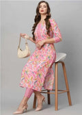 Women Pink Leaf Printed Pure Cotton Kurti Pant Set